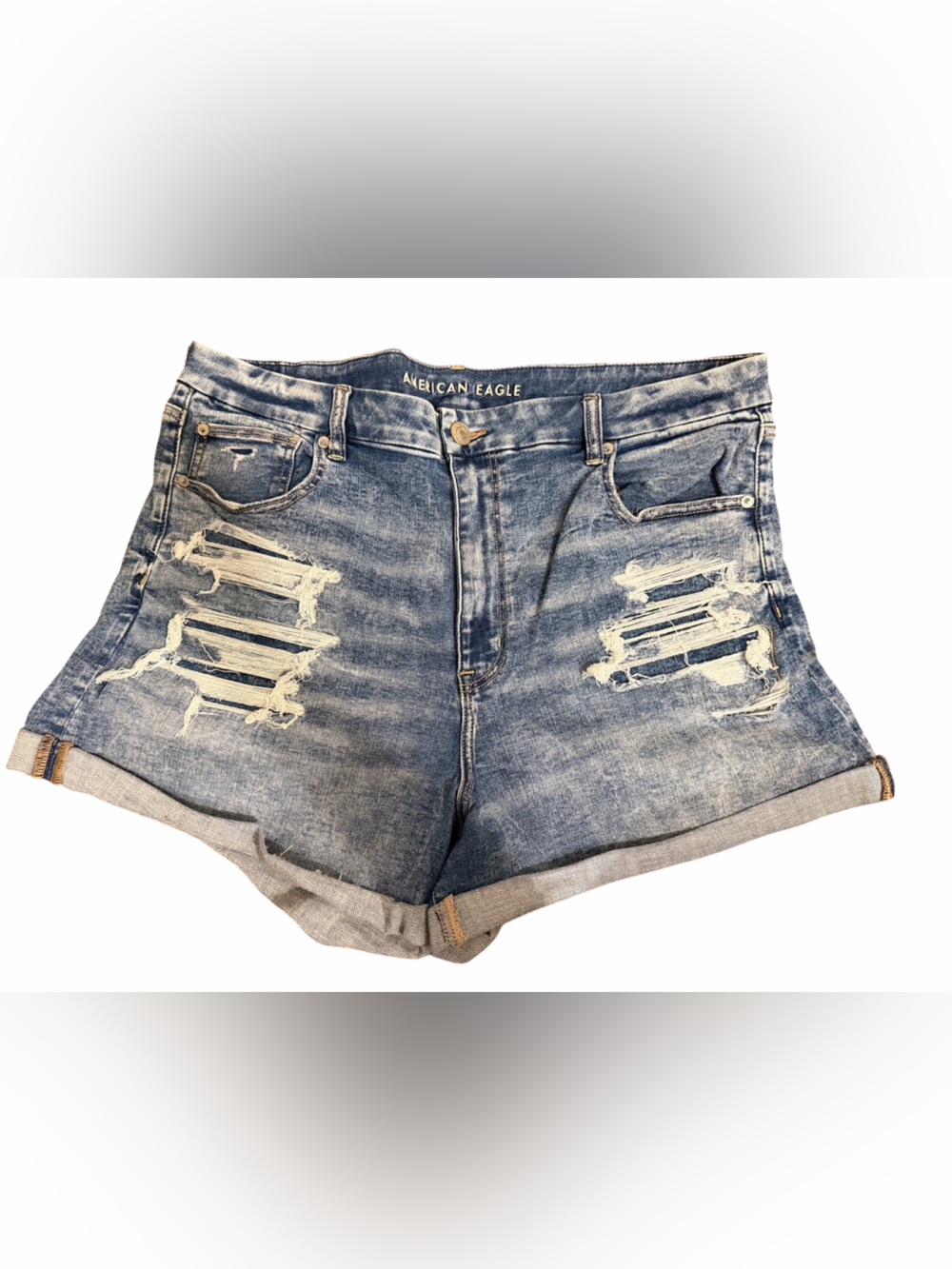 American Eagle Outfitters Women’s Blue Curvy Hi-Rise Shortie Distressed Shorts